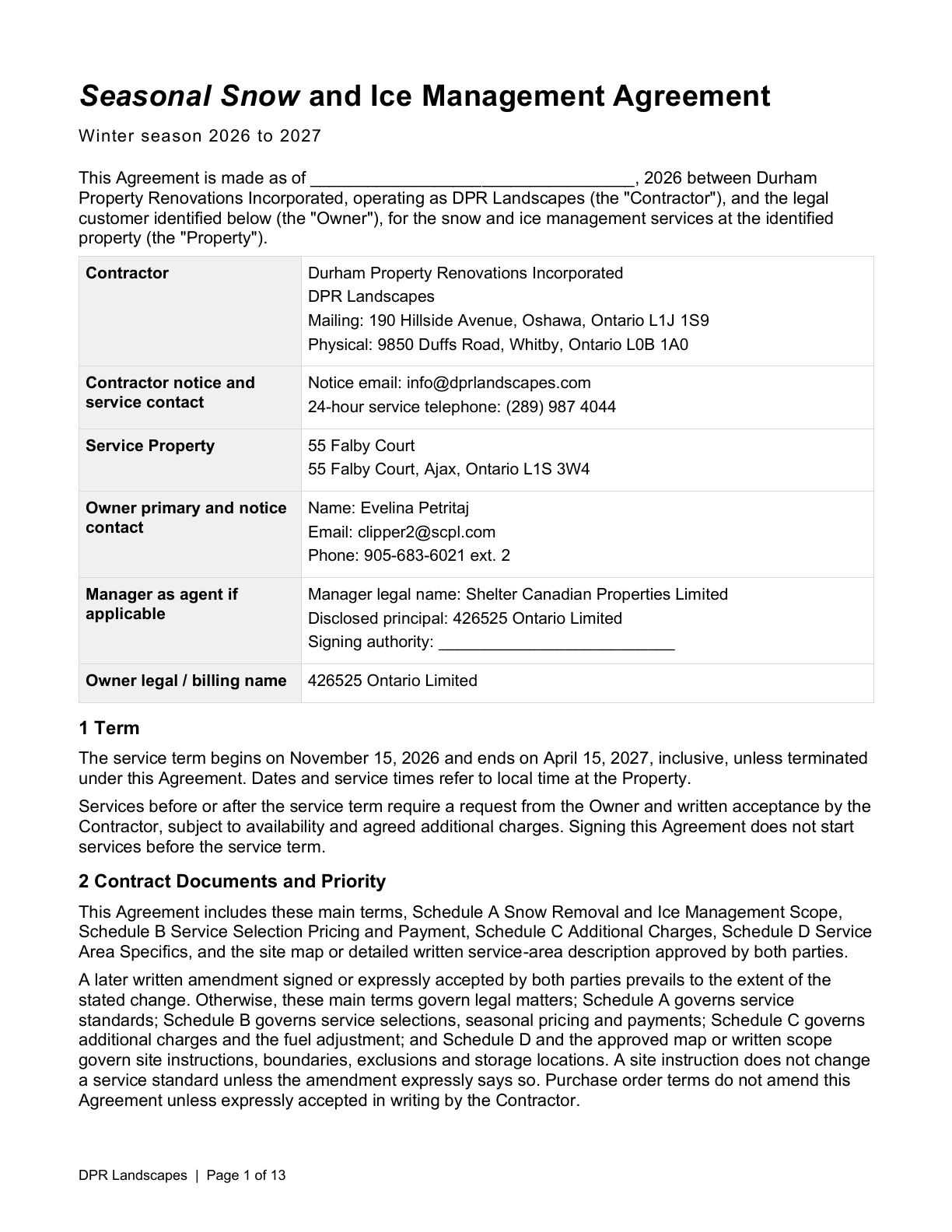 First page of the DPR-2627-003 winter service agreement for 55 Falby Court